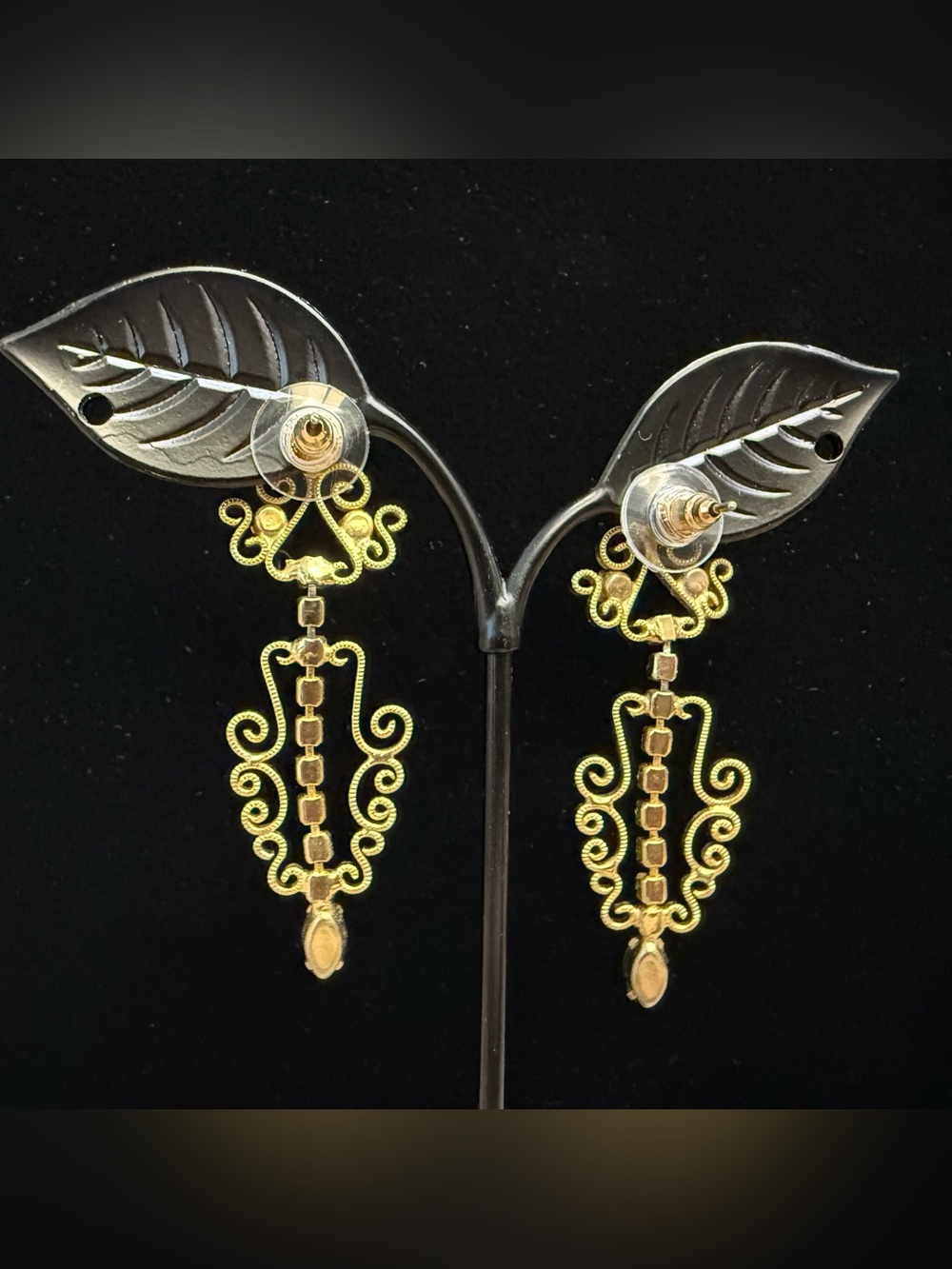 Victorian inspired filigree and rhinestone gold tone earrings - Picture 3 of 3